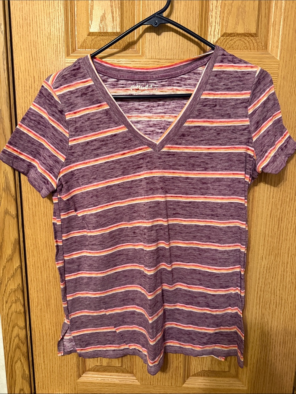Mudd Purple Striped V‑Neck Tee with Pink and Cream Bands
